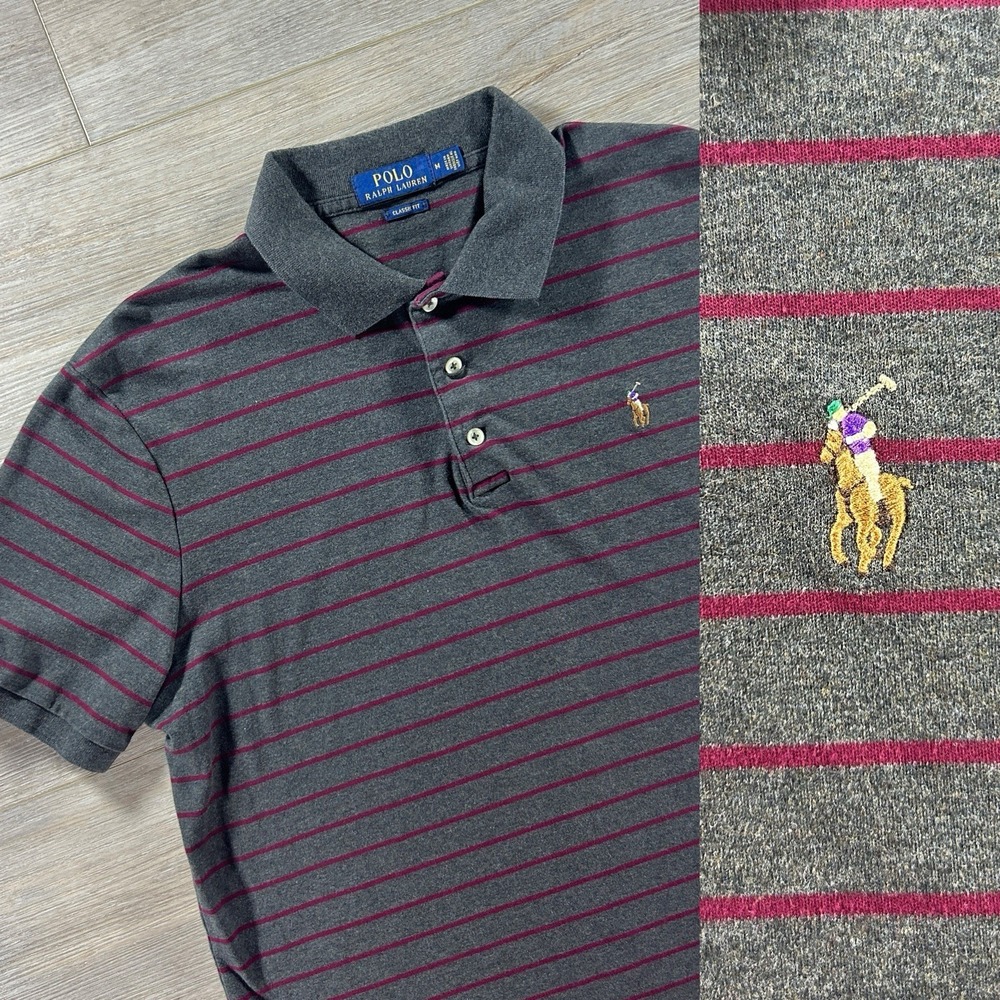 Polo Ralph Lauren Medium‎ Gray Red Striped Flesh Pony Polo Shirt Soft